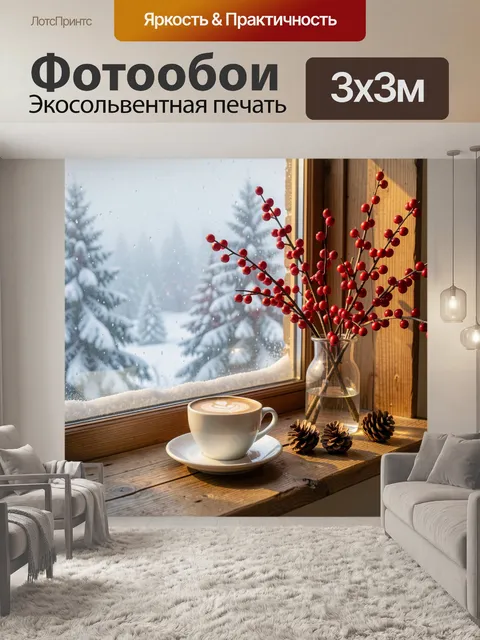 Фотообои Зимний уют у окна. Тёплый подоконник с чашкой кофе, стеклянной вазой с красными ягодами и еловыми шишками. За…