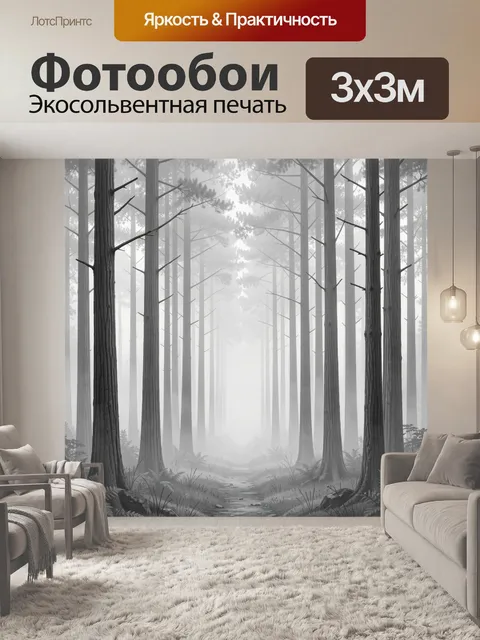 Фотообои Туманный лес с высокими деревьями. Серый монохромный лес: стройные стволы, уходящая в туман тропа, папоротник…