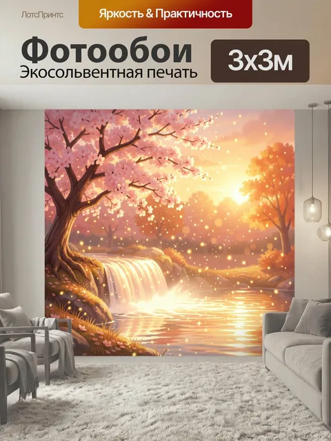 Фотообои Цветущая сакура у водопада. Нежный весенний пейзаж в пастельных розово-золотых тонах: цветущие деревья, мерца…