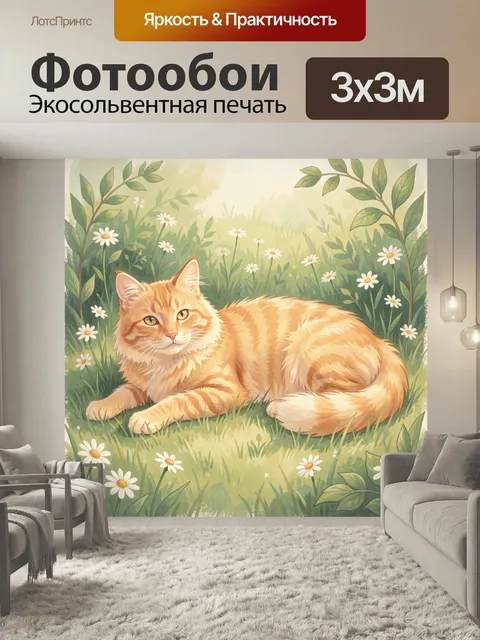 Фотообои Рыжий кот в цветущем саду. Ленивый пушистый питомец лежит среди зелёной травы и ромашек, мягкая летняя иллюст…