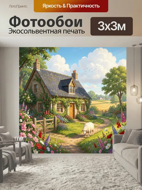 Фотообои Сельский дом в цветущем саду