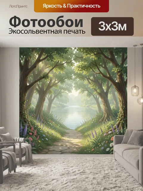 Фотообои Аллея в лесу с цветами у воды. Тропинка под арками деревьев ведёт к спокойной водной глади, мягкий утренний с…