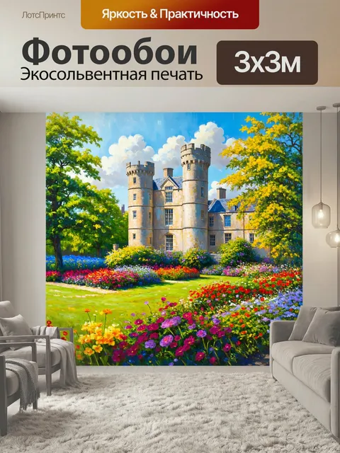 Фотообои Англия, живописный вид на древний замок, окружённый цветущими садами, где многолетние растения и цветы расцве…