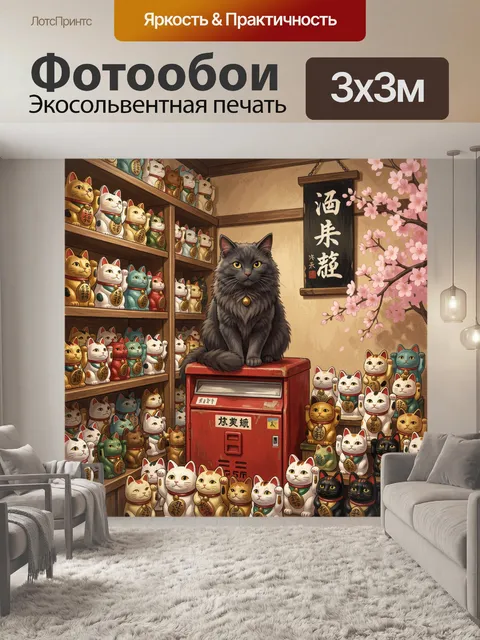 Фотообои Черный кот среди манэки-нэко. Уютная японская композиция с пушистым темным питомцем, окруженным множеством сч…
