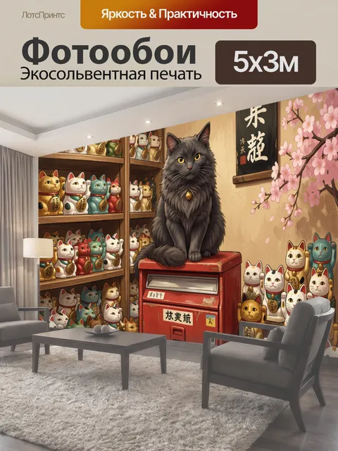 Фотообои Черный кот среди манэки-нэко