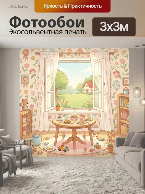 Фотообои Уютная детская комната у окна. Нежный пастельный интерьер с распахнутыми створками, видом на летний сад и дом…