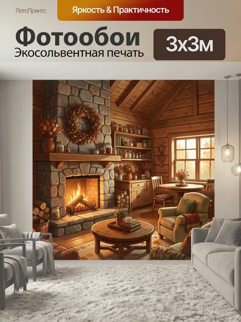 Фотообои Уютная гостиная с камином. Тёплый деревянный интерьер с горящим очагом, каменной кладкой, осенним венком, пол…