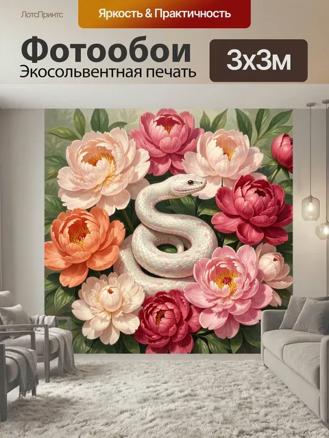 Фотообои Белая змея среди пионов. Нежная декоративная композиция с изящным светлым ужом в окружении крупных распустивш…