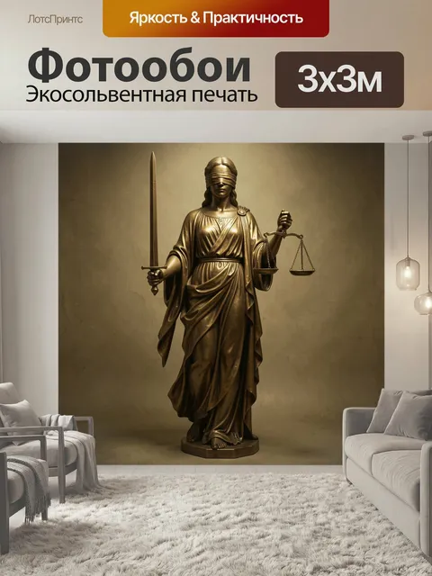 Фотообои Бронзовая Фемида с мечом и весами. Скульптурный образ богини правосудия в тёплых золотисто-бронзовых тонах: п…