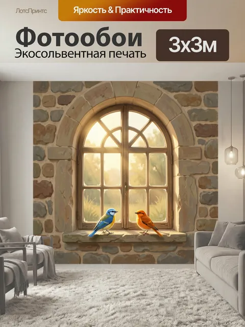 Фотообои Две птицы у арочного окна. Тёплая живописная сцена с парой ярких пернатых на каменном подоконнике, старинная …