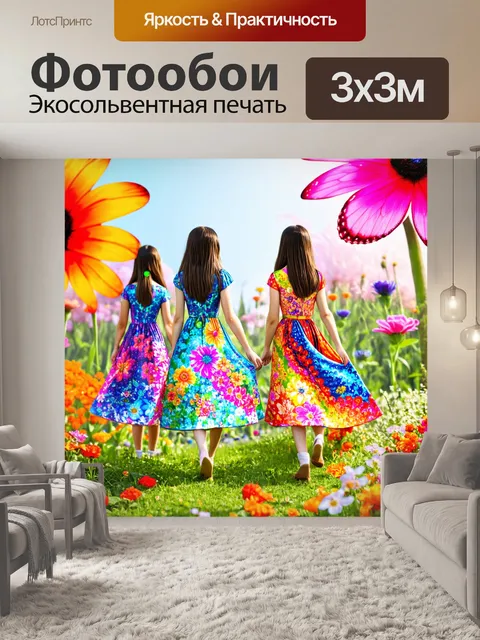 Фотообои С девочками, мир фантазий, где они гуляют среди огромных цветов и сияющих бабочек, каждая девочка носит разно…