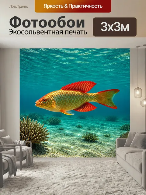 Фотообои В заливах бирюзового залива прячется рыба с золотыми и красными чешуями, её плавание выглядит как танец в луч…