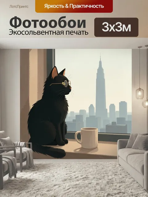 Фотообои Черный кот у окна с городом. Иллюстрация с пушистым темным котом в круглых очках у панорамного окна, рядом ча…