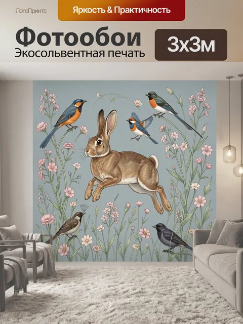 Фотообои Заяц и птицы среди цветов. Ручная иллюстрация с прыгающим кроликом в окружении полевых растений и розовых соц…