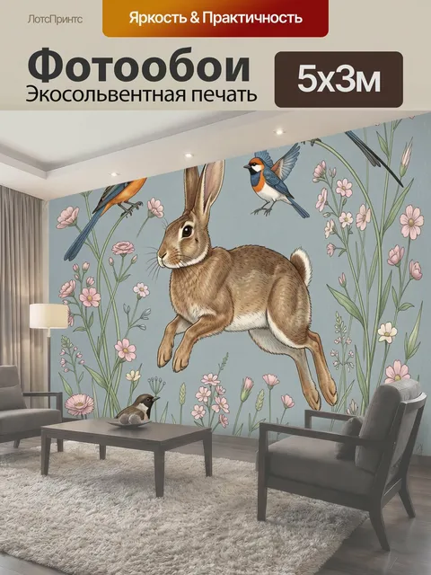 Фотообои Заяц и птицы среди цветов