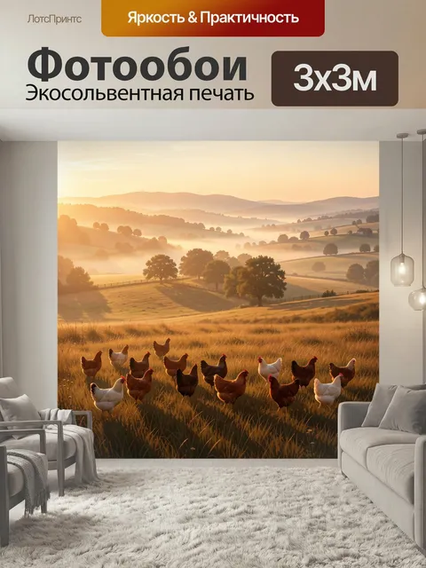 Фотообои Куры на рассветном лугу