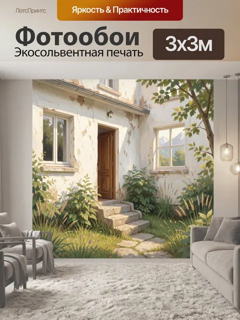 Фотообои Уютный дворик с каменными ступенями. Живописный архитектурный дворик: белые стены с трещинами, деревянная две…