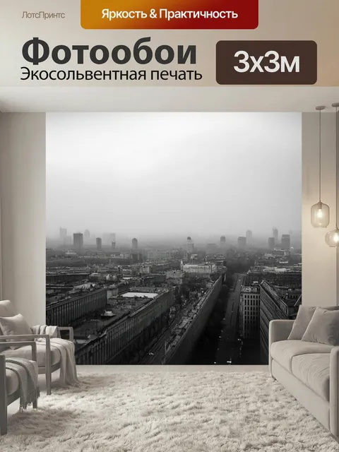 Фотообои Завораживающий вид на москва-сити в тумане, когда мягкие силуэты зданий теряются в легком облаке. стиль: черн…