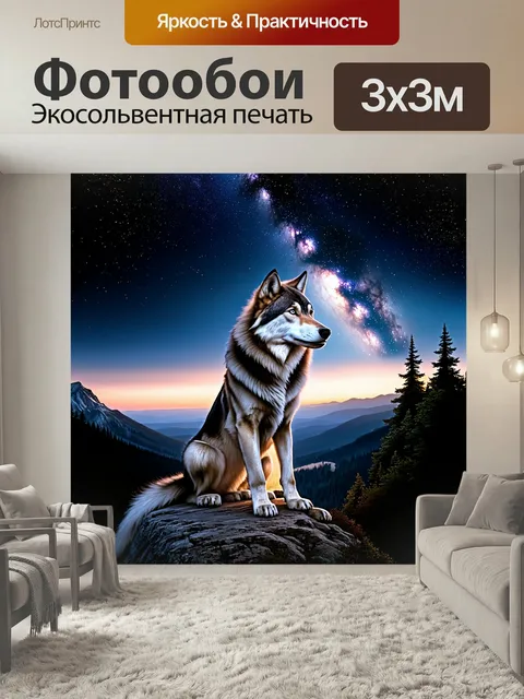 Фотообои Изображение величественного волка, сидящего на скале и глядящего на звездное небо с Млечным путем