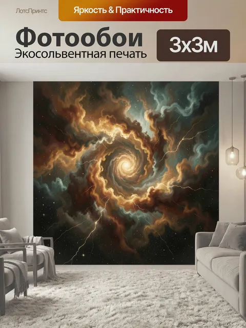 Фотообои Космическая спиральная галактика. Абстрактный космос с ярким звездным вихрем, светящимся центром и клубами ту…