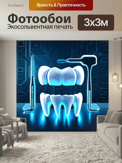 Фотообои Технологический стиль: изображение зубов и стоматологических инструментов в виде высокотехнологичной графики…