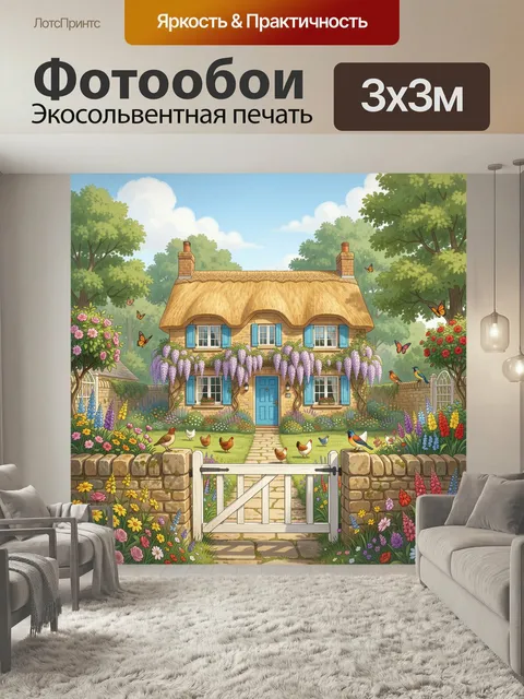Фотообои Сказочный домик в цветущем саду