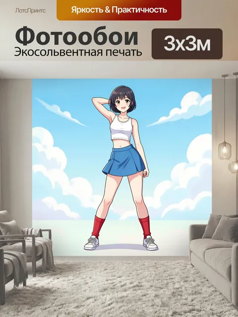 Фотообои Аниме девушка в спортивном образе. Милая японская анимация: стройная брюнетка в белом топе, синей юбке и крас…