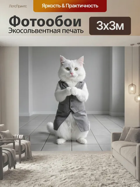 Фотообои Белый кот в сером костюме. Элегантный пушистый питомец в деловом наряде на светлом фоне, минималистичная комп…