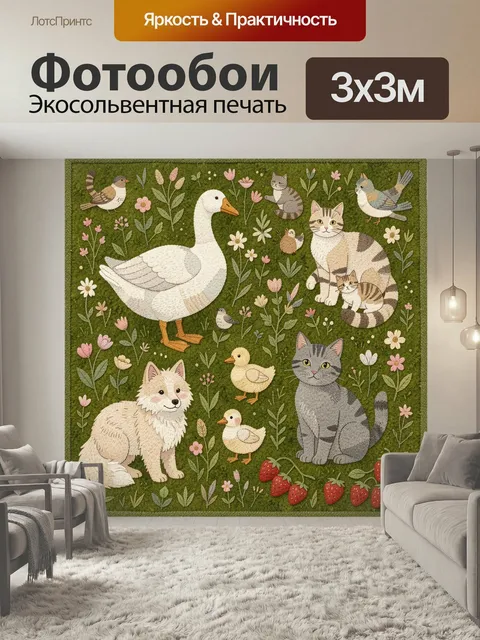 Фотообои Лесные животные на травяной поляне