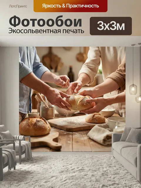 Фотообои Домашняя выпечка и свежий хлеб. Теплая кухня в деревенском стиле, руки нескольких людей делят ароматную булку…
