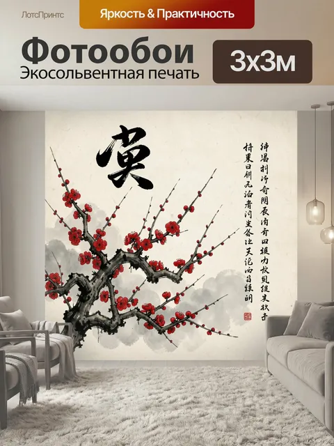Фотообои Ветка с красными цветами и иероглифами. Восточная монохромная композиция в стиле японской тушевой живописи: и…