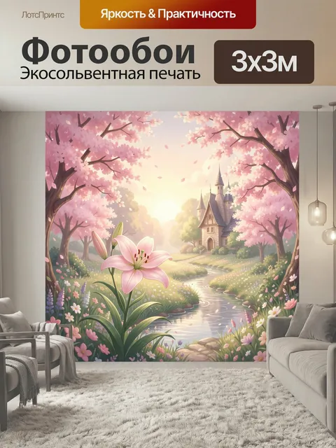 Фотообои Сказочный сад с замком и лилией. Нежная пастельная иллюстрация с цветущими деревьями, ручьём и уютным дворцом…