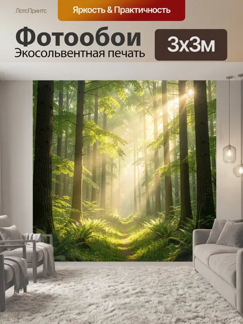 Фотообои Солнечный лесной путь. Утренняя чаща с высокими деревьями, папоротниками и мягкими лучами света сквозь листву…