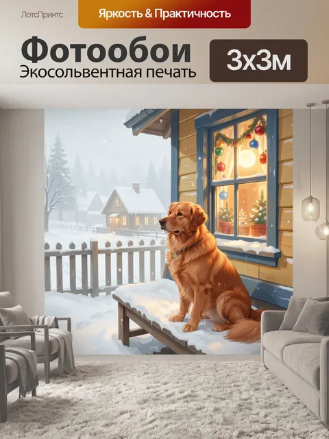 Фотообои Ретривер на снежной веранде. Золотистая собака сидит у теплого дома среди пушистого снега; за стеклом новогод…