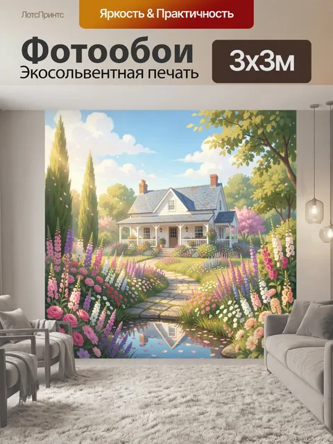 Фотообои Цветущий дом в саду. Уютный загородный коттедж среди пышных клумб, роз и высоких лилий, с извилистой дорожкой…