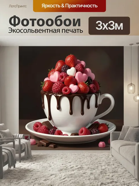 Фотообои Клубничный десерт с шоколадом. Роскошный сладкий натюрморт в 3D-стиле: белая чашка с шоколадной глазурью, яго…