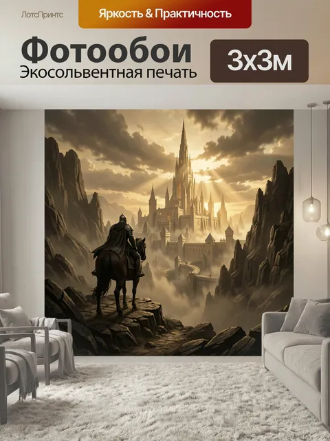 Фотообои Рыцарь перед сказочным замком. Фэнтезийный сюжет: одинокий всадник на коне смотрит на величественную крепость…