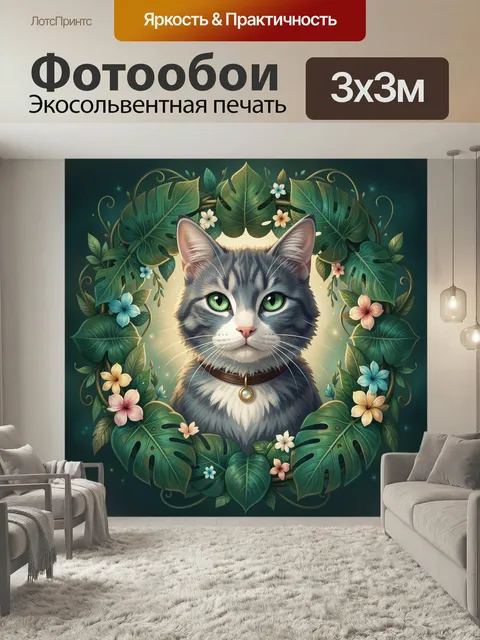 Фотообои Кот в тропическом венке