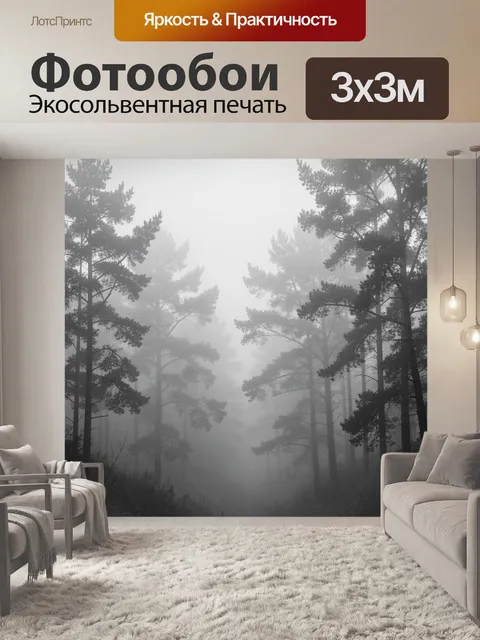 Фотообои Туманный лес с высокими соснами