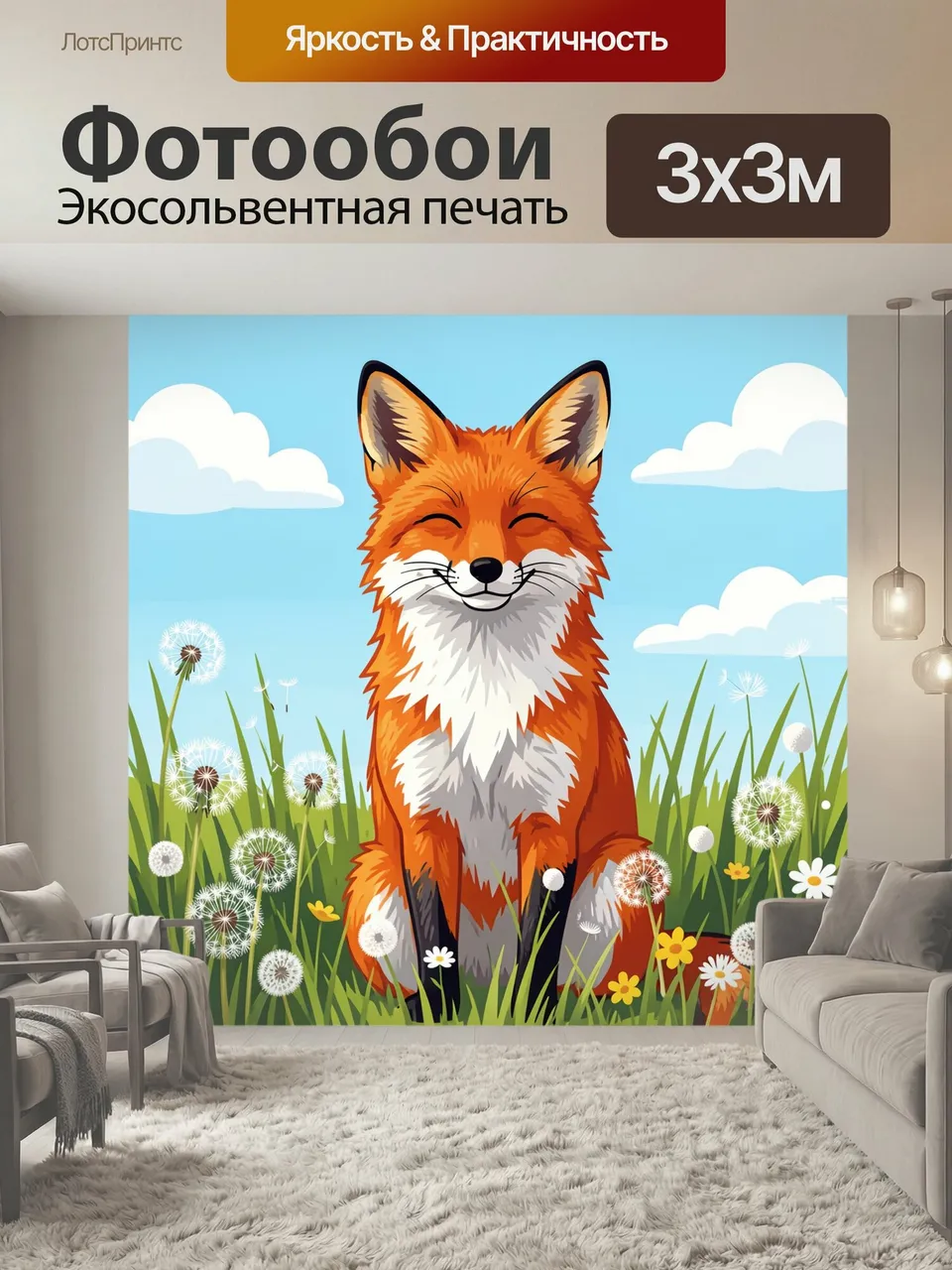 Фотообои Лиса на лугу с одуванчиками. Яркая мультяшная иллюстрация с рыжим лисёнком в высокой траве среди одув…