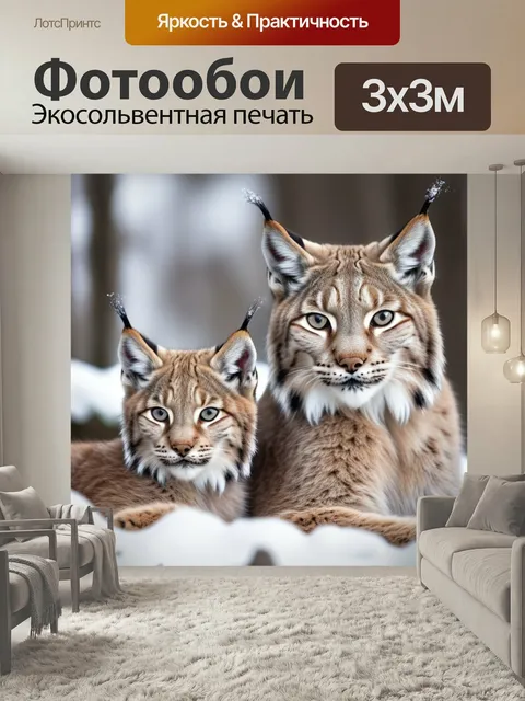 Фотообои Зимой с детенышем рысь животные