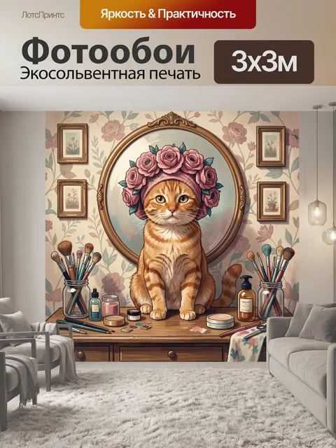 Фотообои Кот в цветочном венке. Рыжий кот в розовом венке сидит перед зеркалом, вокруг кисти, косметика и цветочные мо…
