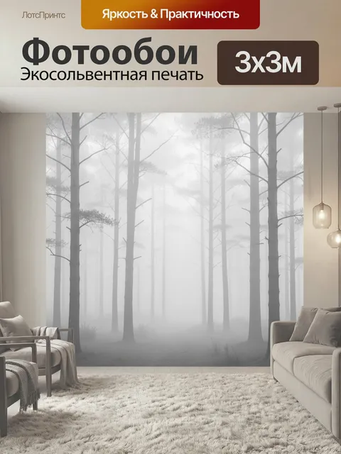Фотообои Туманный лес с высокими соснами. Серый еловый бор в густой дымке, высокие стволы и редкие ветви растворяются …
