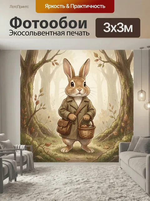 Фотообои Кролик в лесу с корзинкой. Очаровательный зайчонок в плаще и с сумкой стоит на тропинке среди деревьев. Сказо…