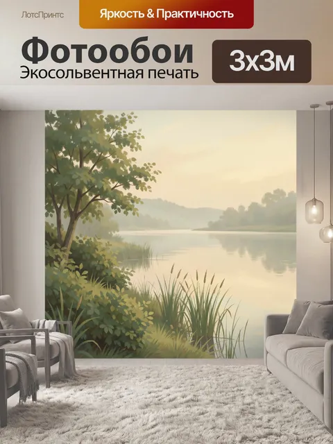 Фотообои Тихий берег лесного озера. Спокойный природный мотив с гладью воды, прибрежными травами, густой листвой и мяг…