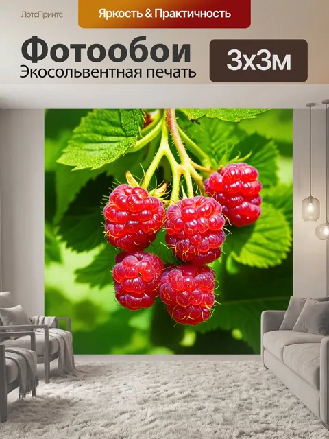 Фотообои Сочные красные малины на фоне зелёных листьев. Яркие и детализированные ягоды, с характерной структурой. Есте…
