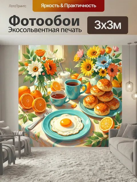 Фотообои Солнечный завтрак с цветами и фруктами. Уютная летняя композиция в пастельных тонах: яркие цветы в вазах, чаш…