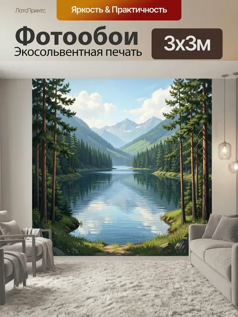 Фотообои Лесное озеро у гор. Спокойная альпийская природа с зеркальной гладью воды, хвойным массивом и снежными вершин…