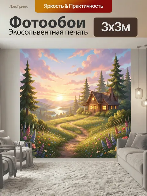 Фотообои Домик в лесу на закате. Уютный деревянный коттедж среди елей и цветущего луга, извилистая тропа к реке, мягко…