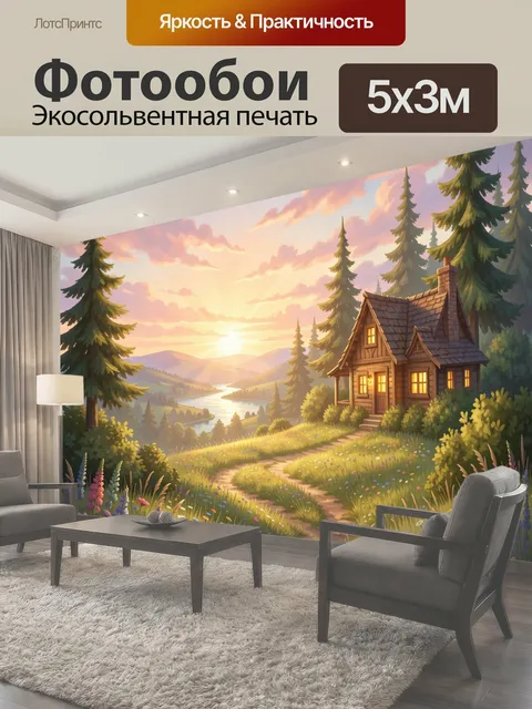 Фотообои Домик в лесу на закате
